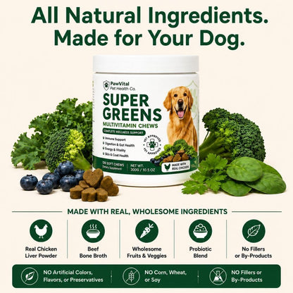 Super Greens Multivitamin Chews for Dogs – Dog Vitamins with Spirulina, Chlorella, Probiotics – Daily Dog Multivitamin for Immune Support, Gut Health, Skin & Coat – Beef Liver Flavor – 120 Soft Chews