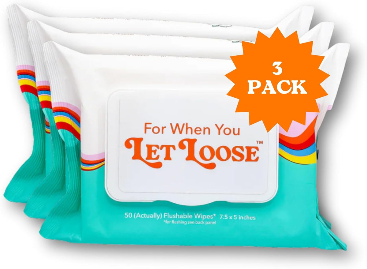 Let Loose Flushable Wet Wipes for Women & Adults, 150 Wipes (3 Packs of 50) | pH-Balanced Wipes with Aloe for Sensitive Skin, Rose Water for a Floral Finish, Plant-Based, Sewer Safe, 7.5x5" Full Coverage