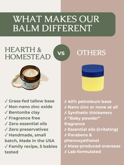 Hearth & Homestead Baby Bum Balm, Grass Fed Tallow Diaper Rash Cream with Zinc Oxide & Bentonite Clay, Fragrance Free Diaper Cream for Sensitive Baby Skin, Newborn Safe, 2oz
