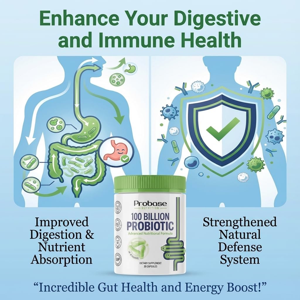 Probase Nutrition Probiotic, 100 Billion CFU, 10 Strains with Prebiotics, 30 Veggie Capsules, Gluten Free for Men and Women, 30-Day Supply
