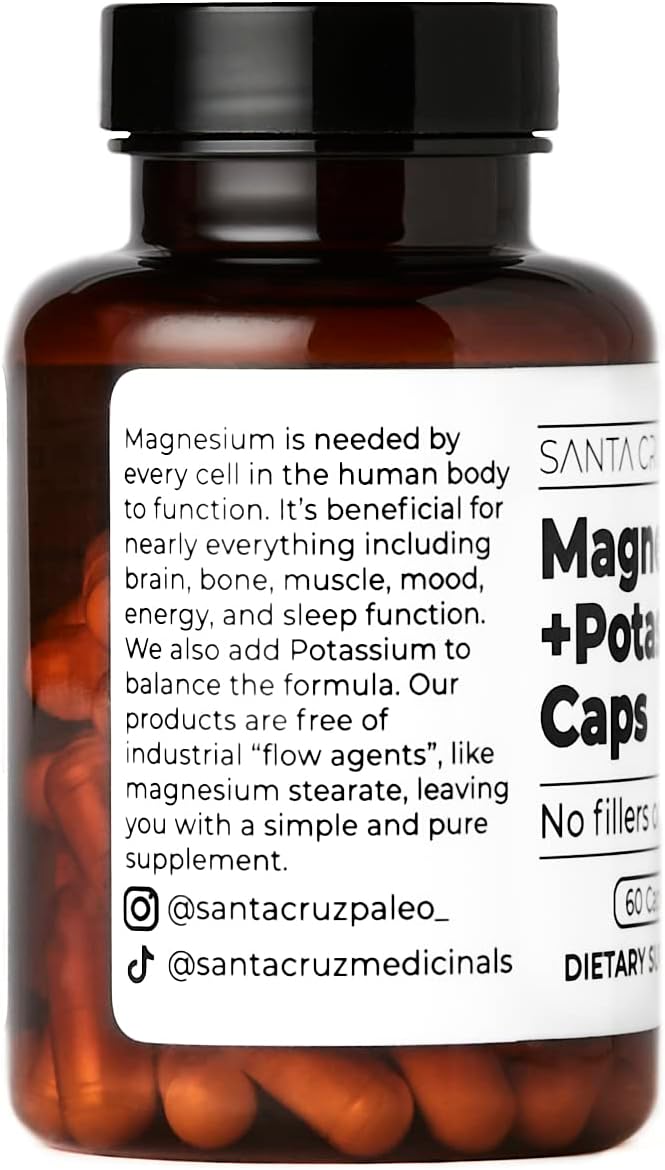 Santa Cruz Paleo Magnesium + Potassium Caps, Supplement for Men and Women, Paleo, Keto, Sugar & Gluten Free, Magnesium Glycinate 166mg and Potassium Citrate 38mg per Serving, American Made, 60 Caps