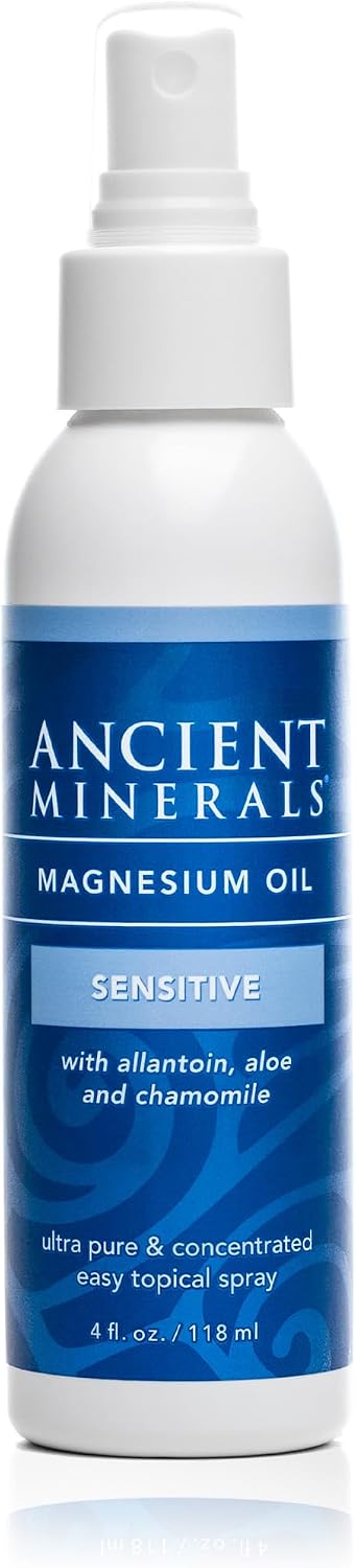 Ancient Minerals Magnesium Oil Spray Sensitive, Aloe & Chamomile, 4oz | Zechstein magnesium chloride with allantoin, organic chamomile & aloe vera. Gentler formula for sensitive skin. 4 fl oz.