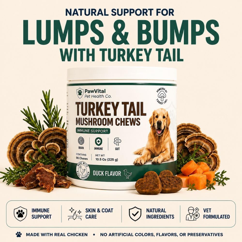 Turkey Tail Mushroom for Dogs – Mushroom Chews with Reishi & Probiotics – Dog Vitamins & Supplements for Immune Support, Gut Health, Brain Function & Daily Wellness – Duck Flavor – 90 Soft Chews