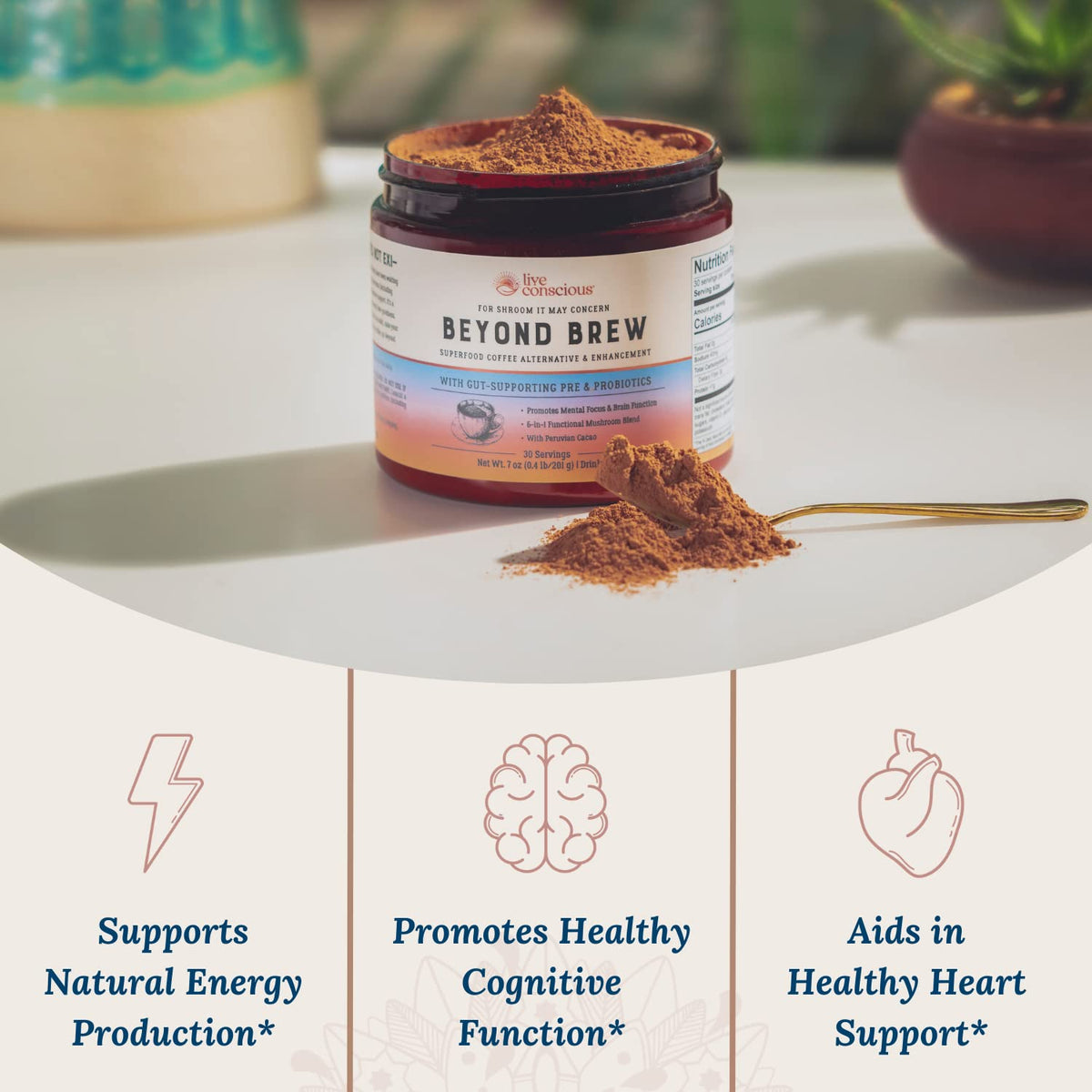 Live Conscious Beyond Brew - Coffee Alternative - Low Caffeine - Mushroom Complex w/Lion’s Mane, Reishi, Cordyceps & Chaga for Sustained Focus, Energy & Immunity - w/Prebiotics & Probiotics - 30