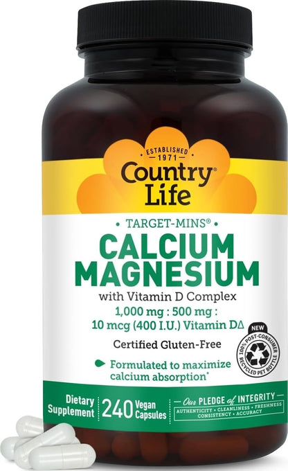 Country Life Target-Mins Calcium Magnesium with Vitamin D, 240 Capsules
