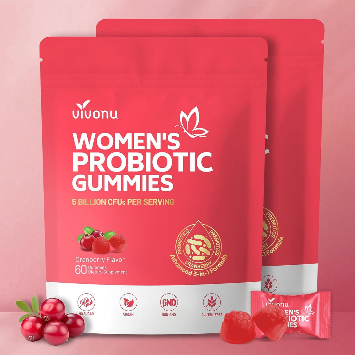 VivoNu Probiotics for Women, Women Probiotic Gummies, 500 Million CFUs, Fiber | Feminine Balance Gummies for Healthy Odour, Digestive Support and Gut Health + Vitamin C for Immune Support - 60 Gummies