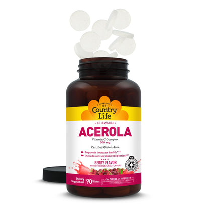 Country Life Acerola Vitamin C Complex 500 mg Chewable Wafers, 180 Count