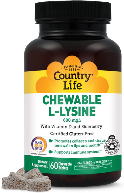 Country Life Chewable L-Lysine 600 mg with Vitamin D, 60 Tablets