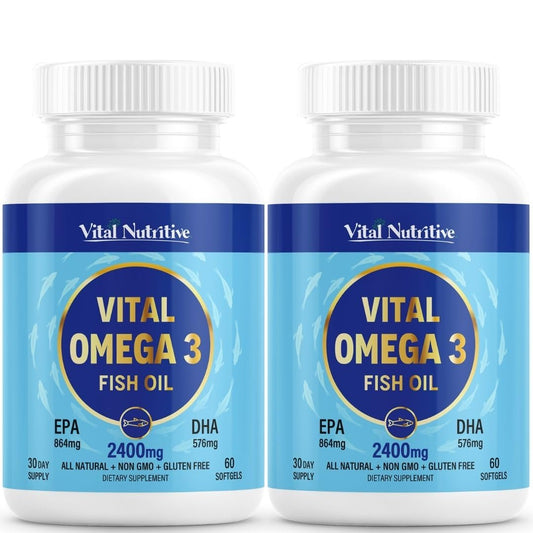 Vital Omega 3 Fish Oil Supplements 2400mg | 864mg EPA & 576mg DHA | 1440mg Total Omega-3 Fatty Acids | Promotes Brain & Heart Health | Non-GMO, Gluten-Free, Sugar-Free | Lemon | 60 Day Servings VITAL NUTRITIVEBuy Supplements Australia