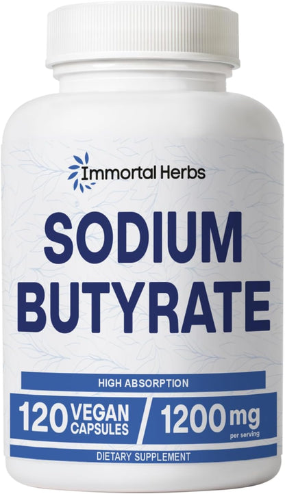 Sodium Butyrate Capsules 1200mg, High Absorption Postbiotic, 120 Count, Standardized Butyric Acid, Vegan, Non-GMO & Gluten-Free Butyrate Supplement for Women and Men