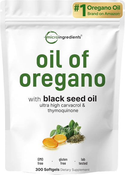 Micro Ingredients Oil of Oregano Softgels & Mega Probiotics 200 Billion CFU Veggie Capsules | 2 Pack Bundle | 4X Strength Thymoquinone + Black Seed | 40 Strains + Inulin, Acacia,& Bromelain