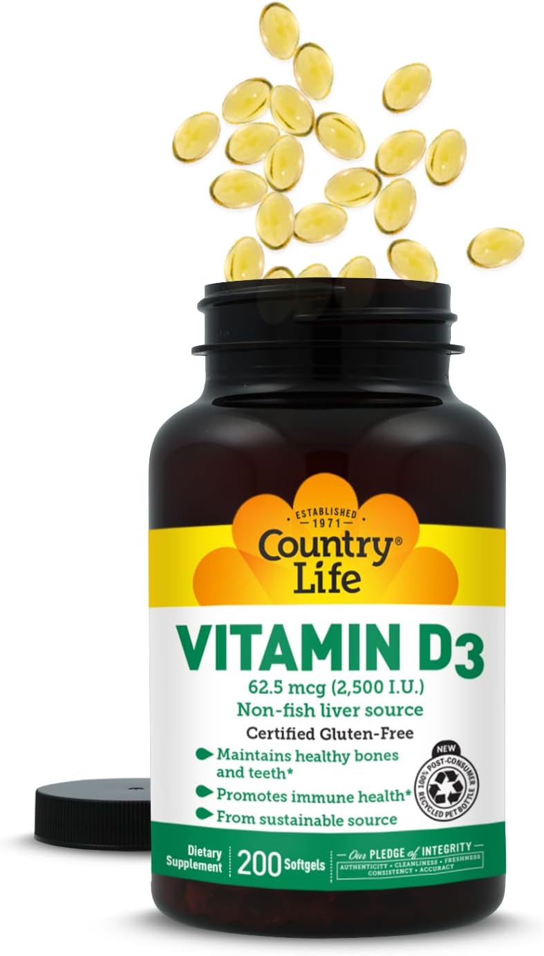 Country Life Vitamin D3 2500 IU, Non-Fish Source, 200 Softgels