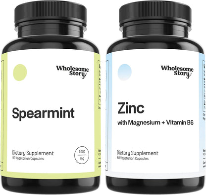 Spearmint + Zinc, Magnesium & VIT B6 | Organic Spearmint Capsules + Zinc Picolinate Magnesium Glycinate & Vitamin B6 Bundle Supplement | Supports Hormones, Fertility & Digestion | 30 & 120 Day Supply