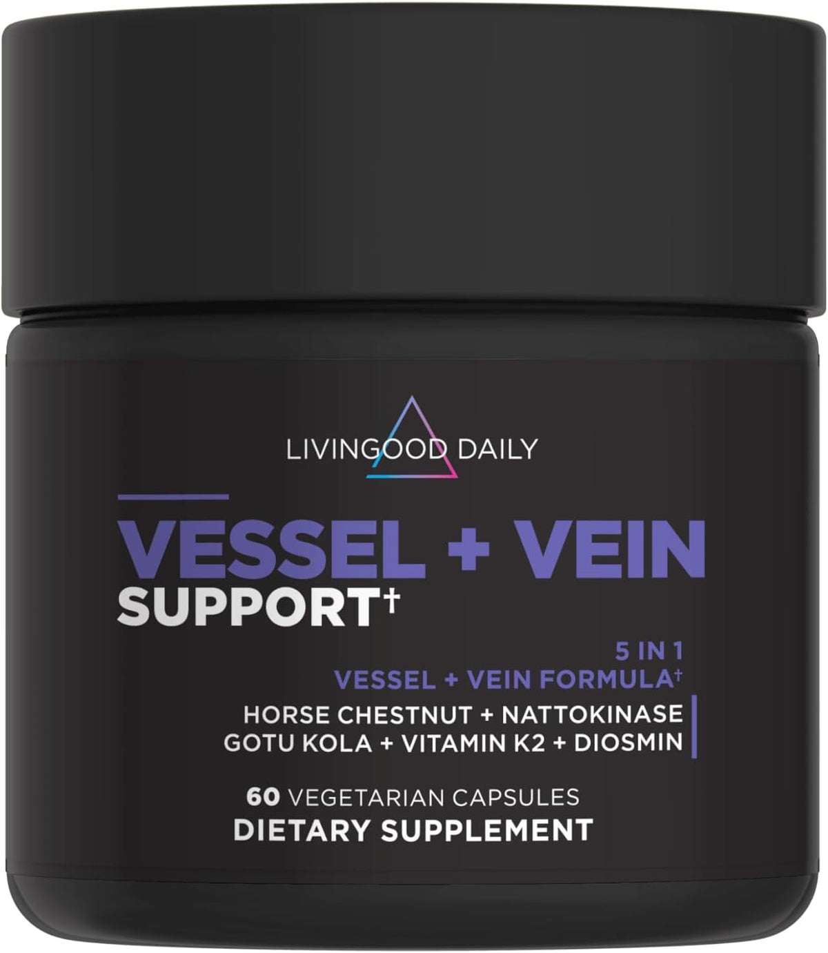Livingood Daily Vessel & Vein Support, Circulation & Vein Support Supplement with Diosmin, Horse Chestnut, Nattokinase, Gotu Kola & Vitamin K2, Vascular & Vein Health Formula, Gluten Free, 60 Capsules