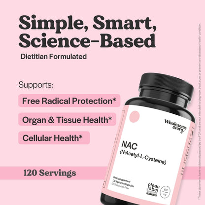 Wholesome Story NAC Supplement N-Acetyl-L-Cysteine 600 mg | Liver, Lung & Fertility Support | 120 Capsules | 120 Serving Supply