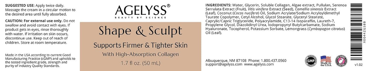 Agelyss Shape & Sculpt - Body Cream - Firm, Plump & Hydrate Skin - Paraben-Free, Cruelty-Free - 1.7 FL OZ - Pack of 1