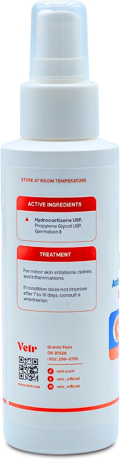 vetr Skin Relief Hydrocortisone Spray for Dogs - Topical Support for Itchy Skin and Hot Spots - 4 oz (120mL) - Vet-Formulated in USA