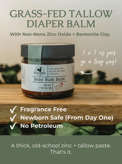 Hearth & Homestead Baby Bum Balm, Grass Fed Tallow Diaper Rash Cream with Zinc Oxide & Bentonite Clay, Fragrance Free Diaper Cream for Sensitive Baby Skin, Newborn Safe, 2oz
