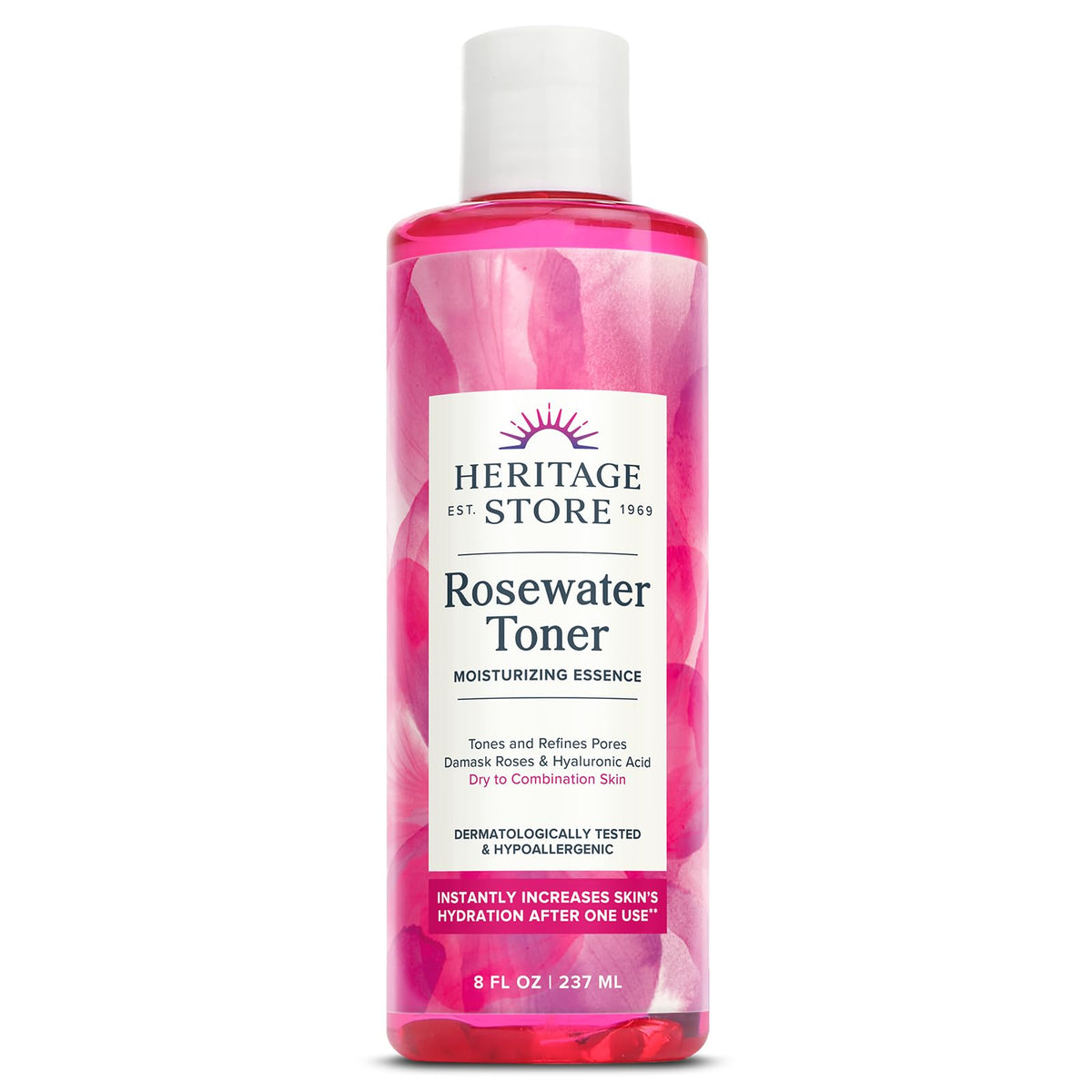 Heritage Store Rosewater Facial Toner with Hyaluronic Acid, Dry to Combination Skin Care, Hydrating Toner Refines Pores & Minimizes the Appearance of Fine Lines & Wrinkles, Alcohol Freeǂ, Vegan, 8oz
