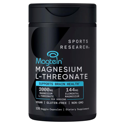 SPORTS RESEARCH Magtein Magnesium L- Threonate Advanced (2000 MG Magnesium L-Threonate 144 MG Elemental Magnesium Per Serving) 135 Veggie CapsulesPlus Bonus 2 Sugar Free White Peach Hydration Sticks Sports Research buy supplements Au