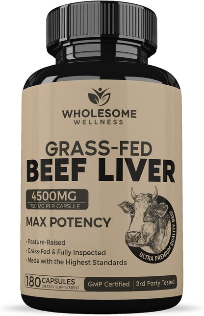 Wholesome Wellness Multi Collagen Protein Powder Hydrolyzed (Type I II III V X) + Grass Fed Desiccated Beef Liver Capsules (180 Pills, 750mg Each) - Natural Iron, Vitamin A, B12 for Energy Bundle