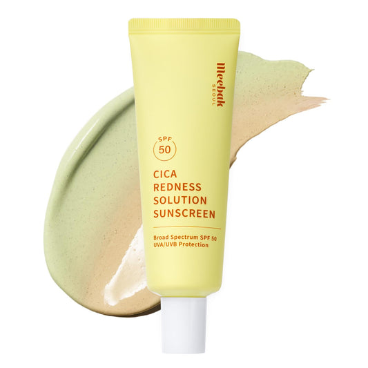 Meebak Cica Redness Solution Sunscreen - Color Corrector SPF 50, Green to Beige CC Cream with Centella and Ceramide - Redness Reducing Skincare