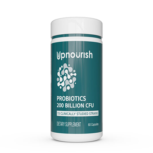 UpNourish Probiotics - 200 Billion CFUs for Men and Women, 15 Clinically Studied Strains, Prebiotics & Enzymes - 60 Vegan Capsules