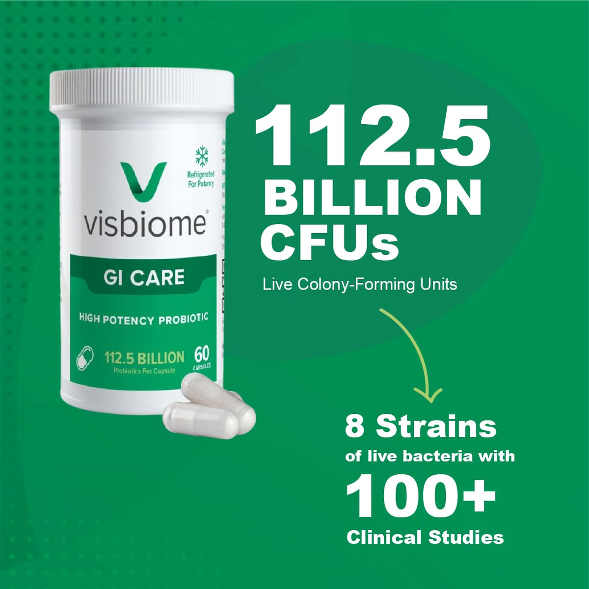 Visbiome® GI Care High Potency Probiotic, 112.5B CFU, 60 Capsules | Original De Simone Formulation®, Multi-Strain, Refrigerated Probiotics, Low FODMAP Certified, Gluten-Free, Made in USA
