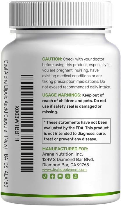 Alpha Lipoic Acid 1,000mg, 180 Veggie Capsules – 50/50 R-ALA & S-ALA for Max Bioavailability – Antioxidant Supplement – Energy & Nervous System Support – Non-GMO
