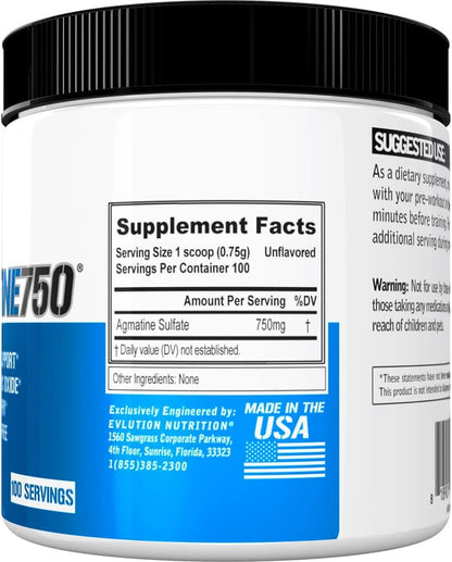 Evlution Agmatine Sulfate Nitric Oxide Powder Nutrition High Strength Agmatine Sulfate Powder Nitric Oxide Supplement for High Intensity Pumps Muscle Growth Recovery and Performance - Unflavored