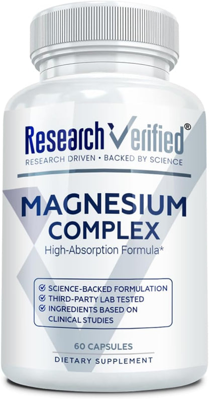 Research Verified Magnesium Complex - Brain, Muscle and Nerve Support - Magnesium Bisglycinate, Malate, Citrate, and Oxide - Bioperine - Vegan - 60 Capsules - Pack of 1