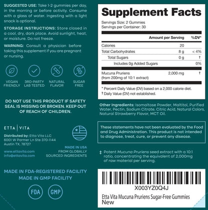 Sugar-Free Mucuna Pruriens Gummies (2g/serving) Strawberry Flavor, 60 Chews | Dopamine supplement for energy, focus, calm mood & motivation, mucuna pruriens 10:1 extract, vegan, non-GMO, gluten-free, USA