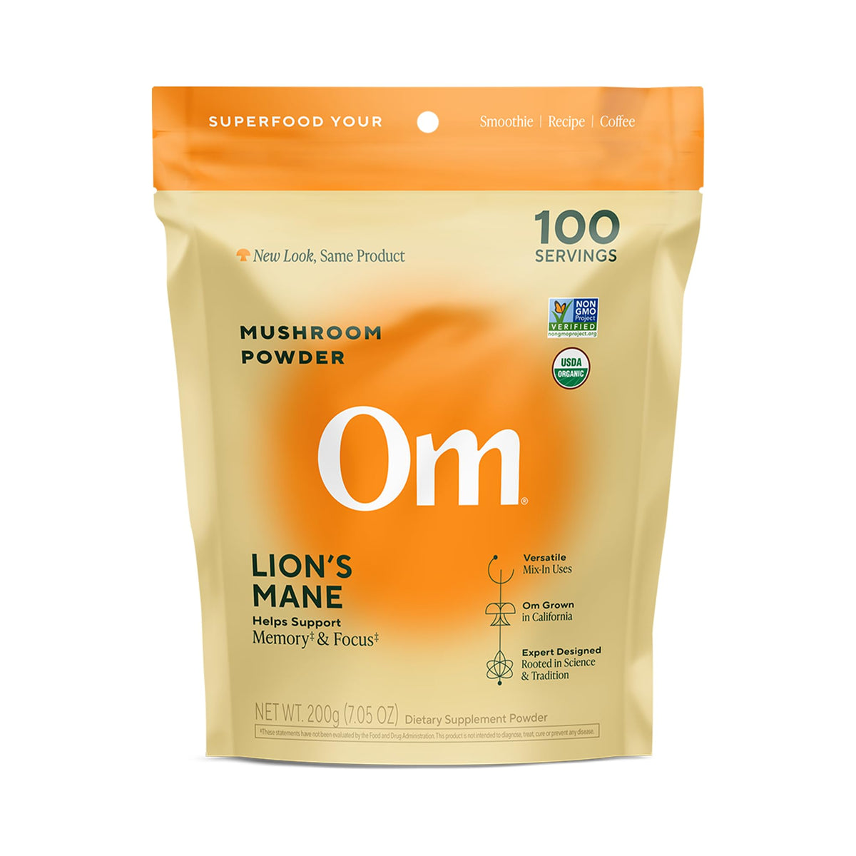 Om Lion’s Mane Mushroom Powder - Organic Mushroom Supplement and Nootropic - Support Memory, Focus and Nerve Health, 7.05 oz (100 Servings)