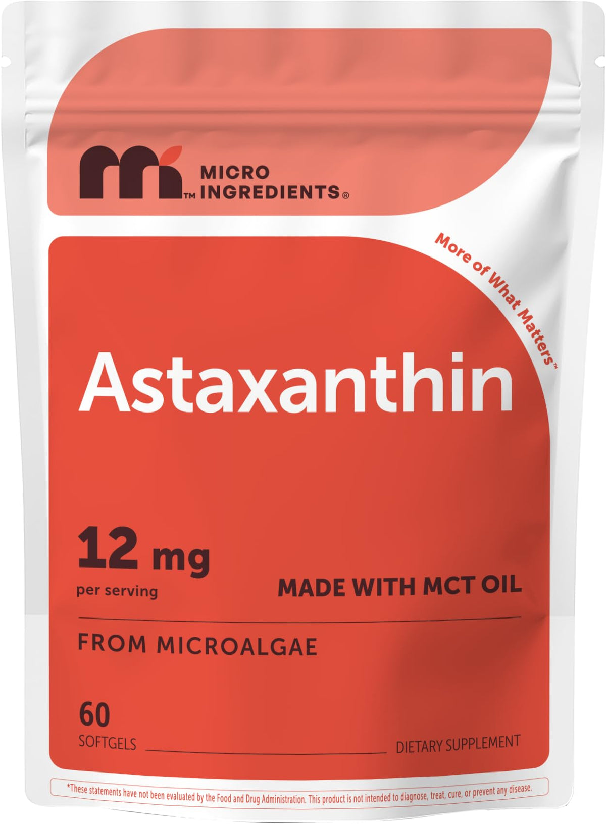 Micro Ingredients Astaxanthin 12mg Per Serving with MCT Oil, 120 Softgels | 4 Month Supply. Natural Microalgae Sourced Astaxanthin Supplement. Easy-to-Swallow. Non-GMO, Gluten Free, Soy Free.