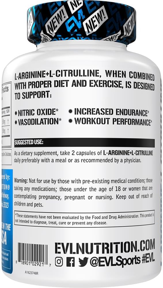 L Arginine L Citrulline Supplement - Invigorating Nitric Oxide Supplement with Ideal 1:1 Citrulline Arginine Ratio with 500mg Each Per Serving for Enhanced Pumps Energy & Stamina (60 Servings)