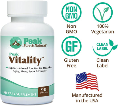 Peak Vitality Adrenal Support Supplement - Boswellia, Holy Basil, L-Theanine and Ashwagandha Supplement - Adaptogens for Mood, Natural Cortisol Support (90 Capsules)