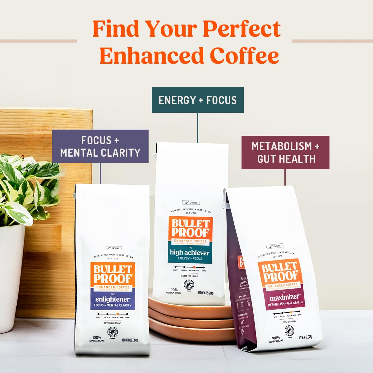 Bulletproof High Achiever Mushroom Coffee Grounds with Lion's Mane, B Vitamins & Adaptogens, Energy and Focus, Medium-Dark Roast, 10 oz