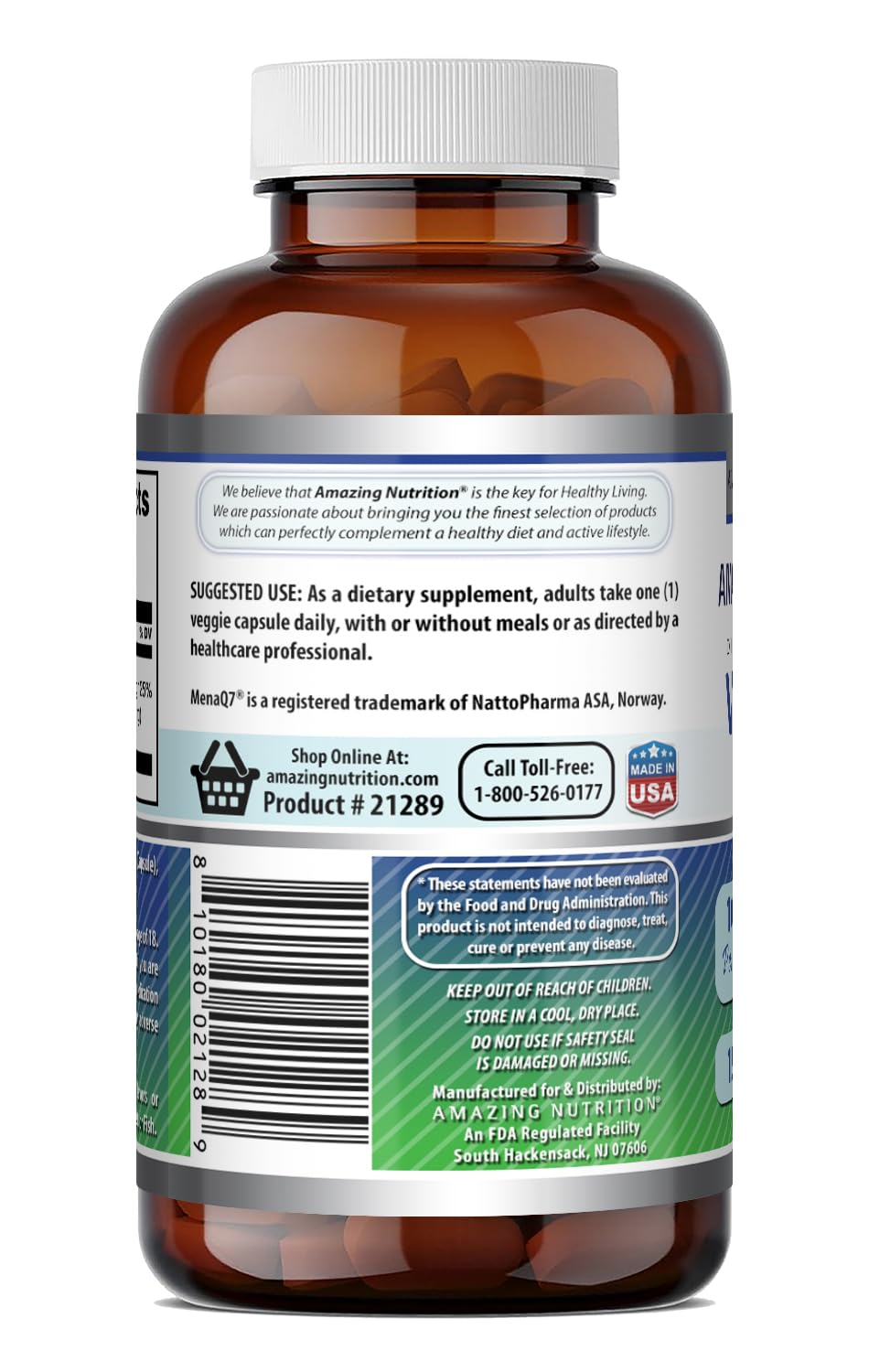 Amazing Formulas Vitamin K2 Menaq7 MK7 Supplement | 100 Mcg | Veggie Capsules | Non-GMO | Gluten Free | Made in USA (1 Pack, 120 Count)