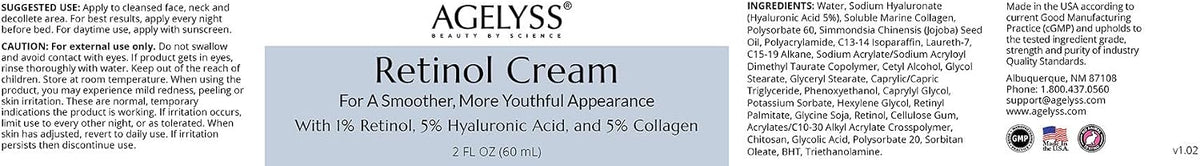 Agelyss Retinol Face Cream - 1% Retinol - Collagen, Hyaluronic Acid - 2 Fl Oz - 60mL - Pack of 1
