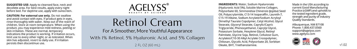 Agelyss Retinol Face Cream - 1% Retinol - Collagen, Hyaluronic Acid - 2 Fl Oz - 60mL - Pack of 1
