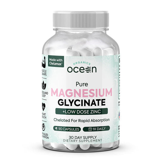 Supplement bottle labeled 'Ocean Organics' containing Magnesium Glycinate and Low Dose Zinc on a white background.