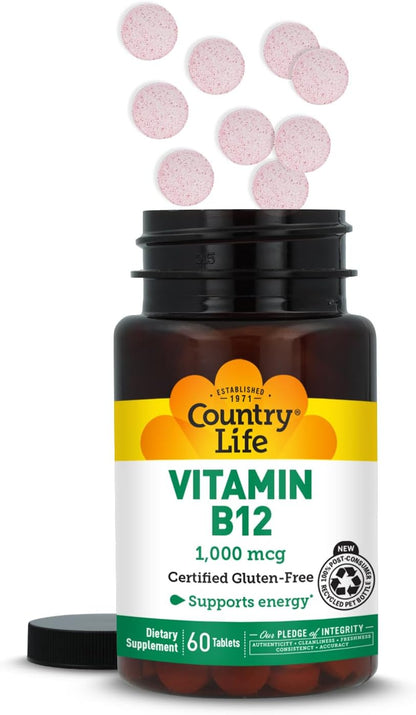 Country Life Vitamin B12 1,000 mcg, Vegan Energy Support, 60 Tablets