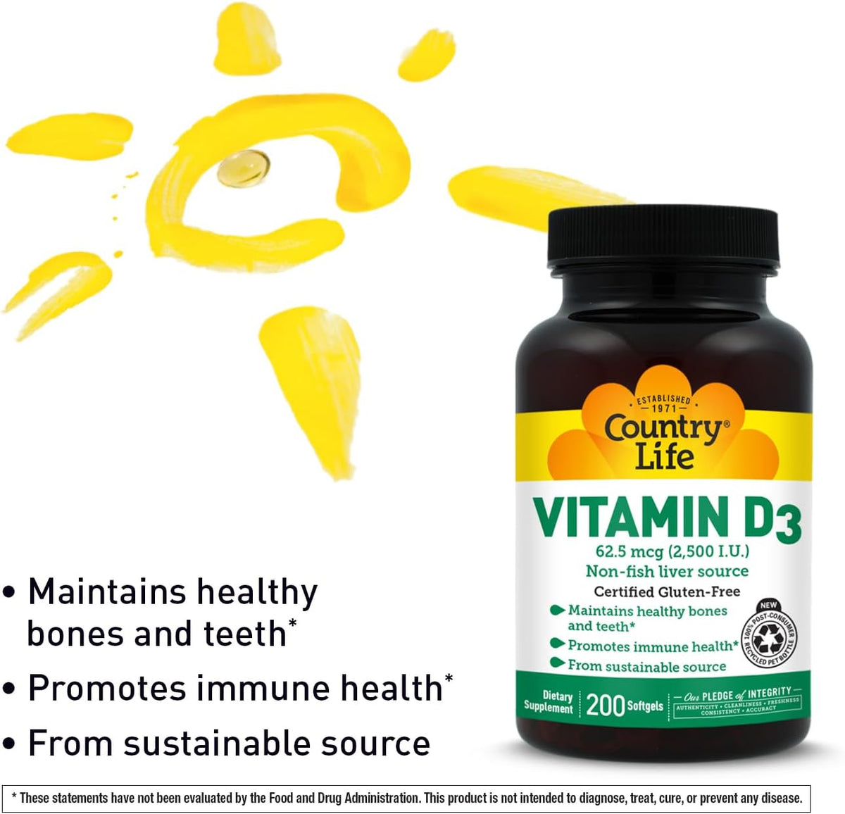 Country Life Vitamin D3 2500 IU, Non-Fish Source, 200 Softgels