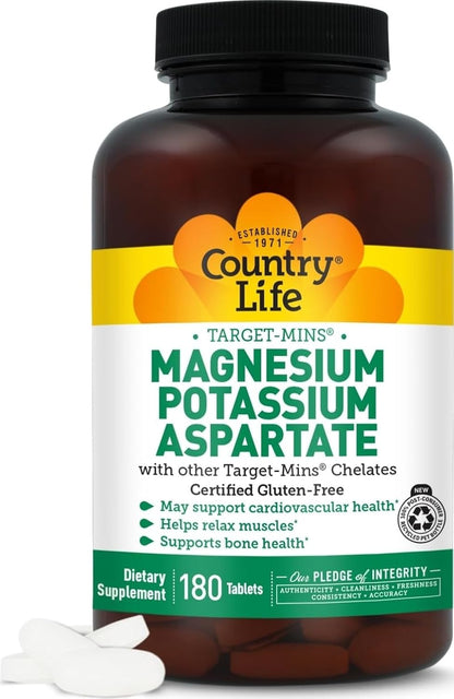 Country Life Target-Mins Magnesium 600 mg and Potassium 198 mg, 180 Tablets