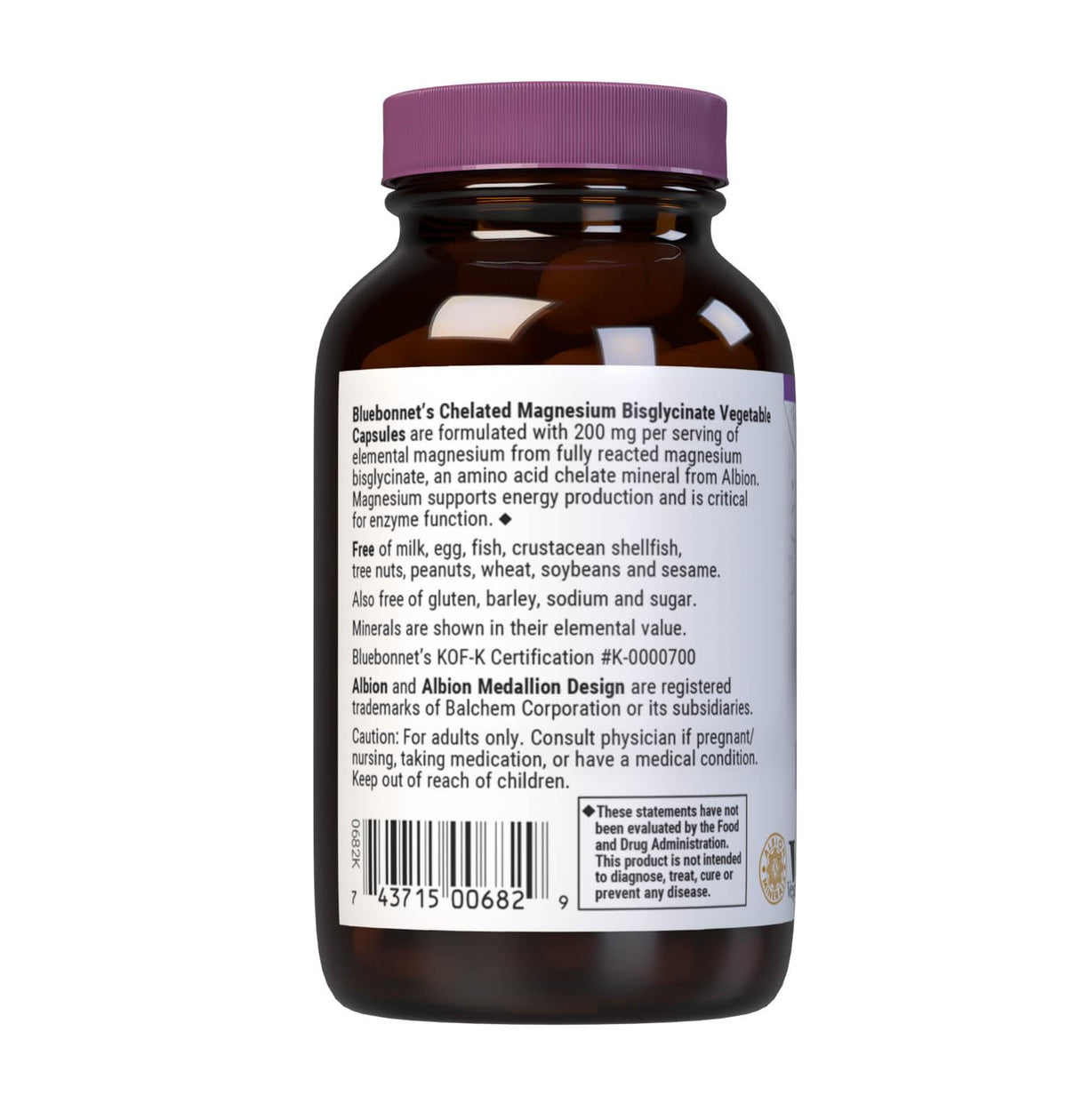 Bluebonnet Nutrition Albion Chelated Magnesium Vegetable Capsule, 200 mg, Stress Relief, Vegan, Non GMO, Gluten Free, Soy Free, Milk Free, Kosher, 120 Vegetable Capsule, 2 Month Supply