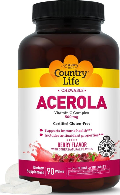 Country Life Acerola Vitamin C Complex 500 mg Chewable Wafers, 180 Count