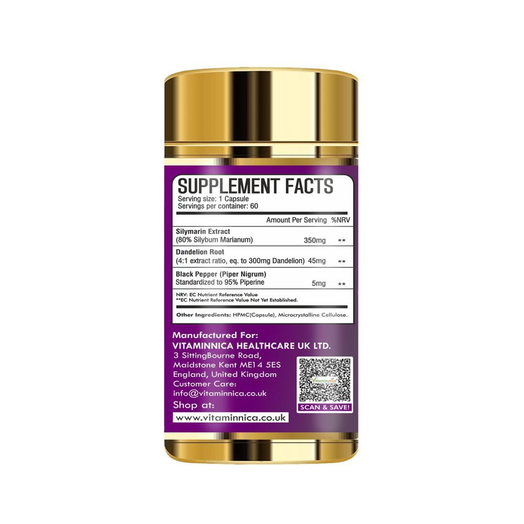 Vitaminnica Milk Thistle 7000mg (350mg 20:1 Extract) | 80% Silymarin with Dandelion Root and Black Pepper Extract| 60 Veg Capsules