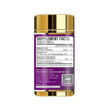 Vitaminnica Milk Thistle 7000mg (350mg 20:1 Extract) | 80% Silymarin with Dandelion Root and Black Pepper Extract| 60 Veg Capsules