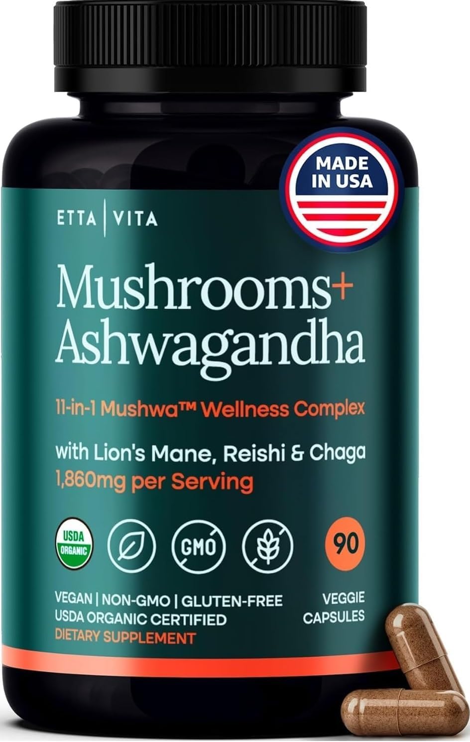 USDA Organic Lions Mane Supplement Capsule, 11-in1 Mushroom Complex 90ct | 10x adaptogenic mushroom supplement with ashwagandha, chaga, reishi, cordyceps, turkey tail, support energy, focus & immunity