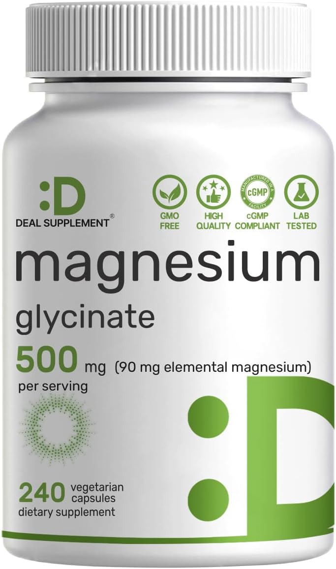 Deal Supplement Magnesium Glycinate 500mg Per Serving, 240 Veggie Capsules | 100% Chelated Magnesium Glycinate, Essential Mineral Supplement for Women & Men. Non-GMO, Gluten Free.